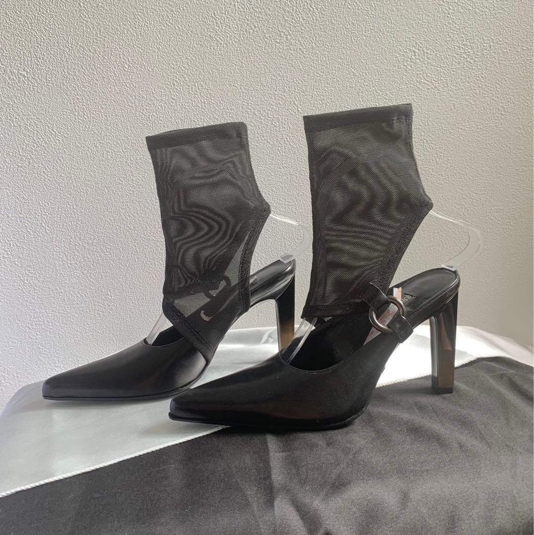 メッシュ セパレートパンプス　ブラック ポインテッドトゥ 23cm イタリア製