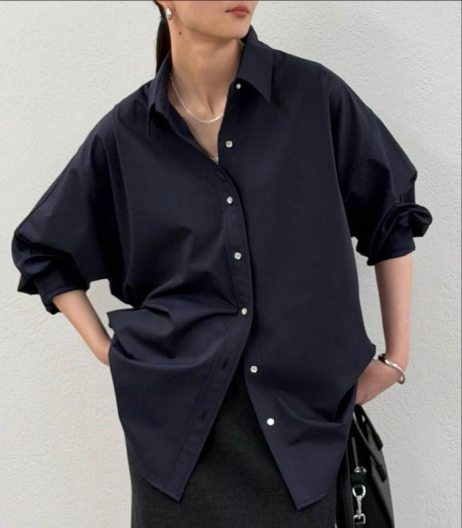 極美品❤️LOUNGEDRESS ラウンジドレス サテンBIGシャツ ネイビー　艶