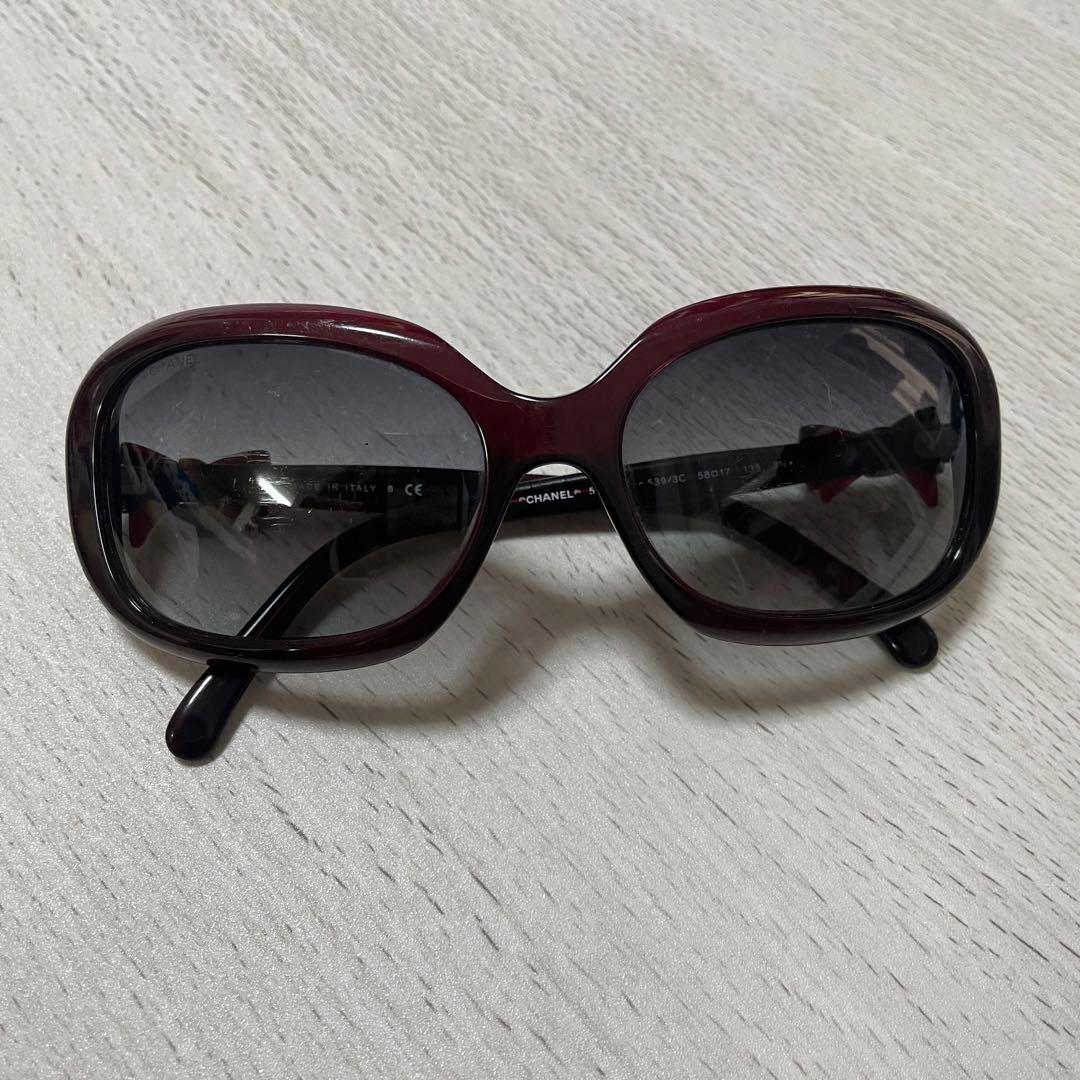 CHANEL サイド リボン モチーフ ココマーク ロゴ サングラス ボルドー