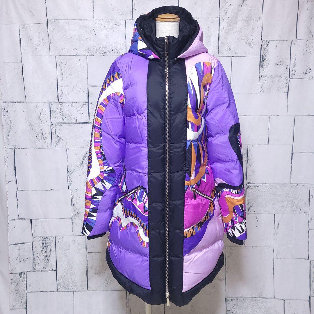 EMILIO PUCCI ダウンコート 12 XL プッチ柄 紫 総柄　左襟汚れ