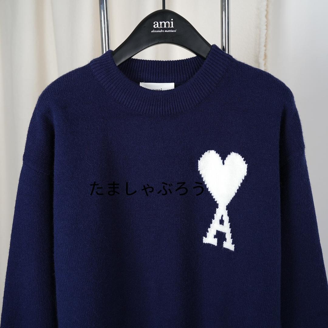 AMI PARIS ハート刺繍 クルーネックニットセーター 秋冬 ユニセックス
