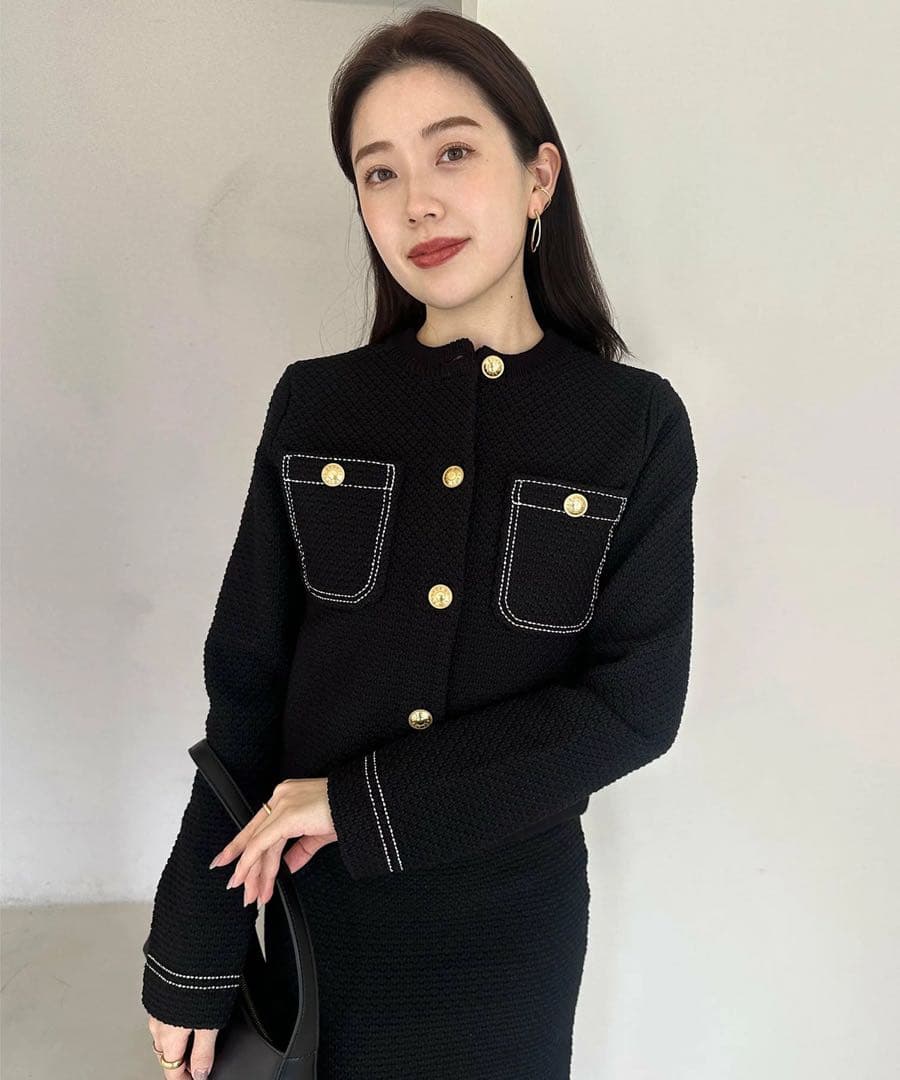 anuans ノーカラーニットジャケット