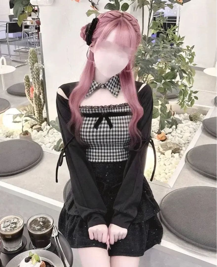 HONEY MEW リボンスリットギンガムアンサンブルトップス ブラック