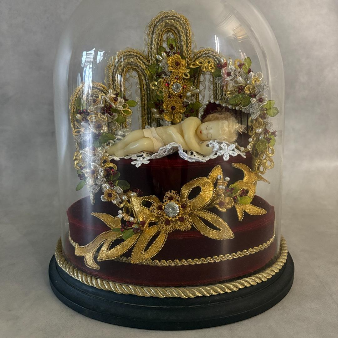 アンティーク 幼子イエス像 ガラスドーム入り フランス宗教工芸品