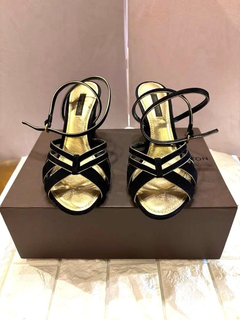 #ルイヴィトンエレガント ブラック スエードストラップヒールサンダル#38