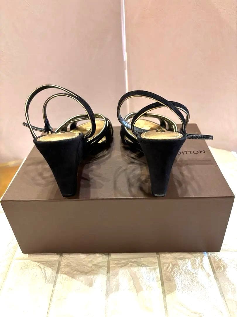 #ルイヴィトンエレガント ブラック スエードストラップヒールサンダル#38
