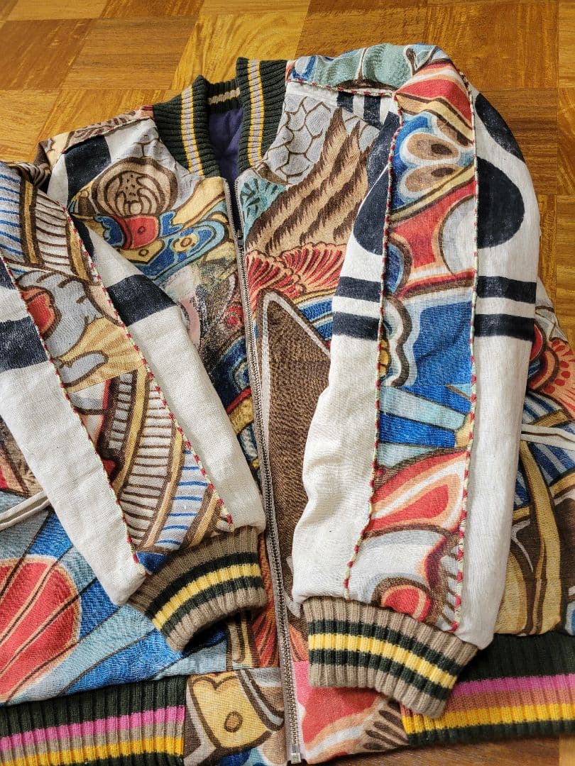 め1118古布リメイク木綿幟旗ジップアップスカジャンMA1ハンドメイド着物アロハ