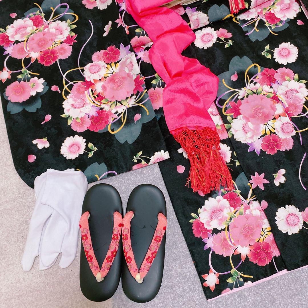 七五三 7歳 着物 帯 ビーズバッグ 草履 小物 セット 黒 ピンク