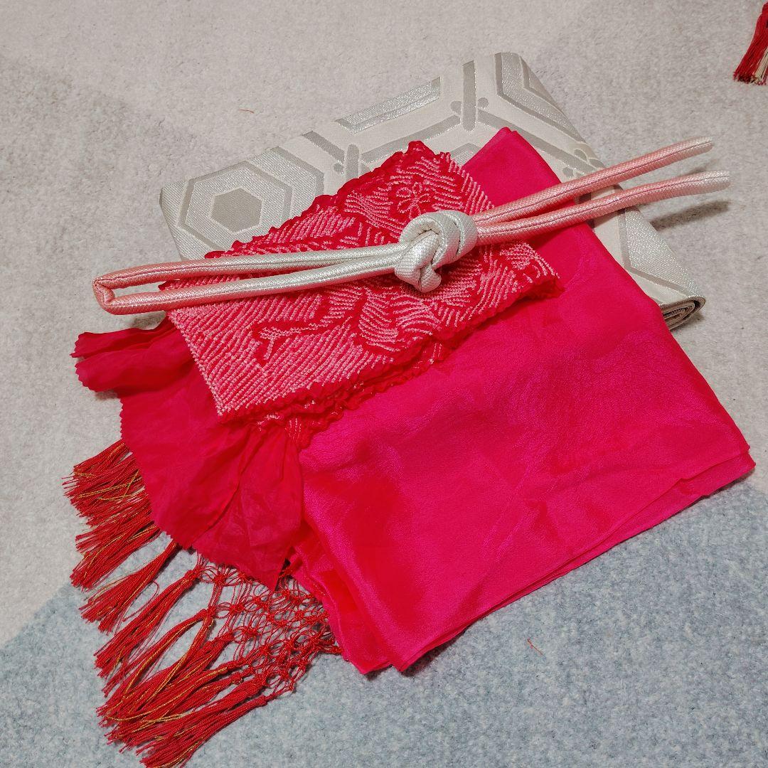 七五三 7歳 着物 帯 ビーズバッグ 草履 小物 セット 黒 ピンク