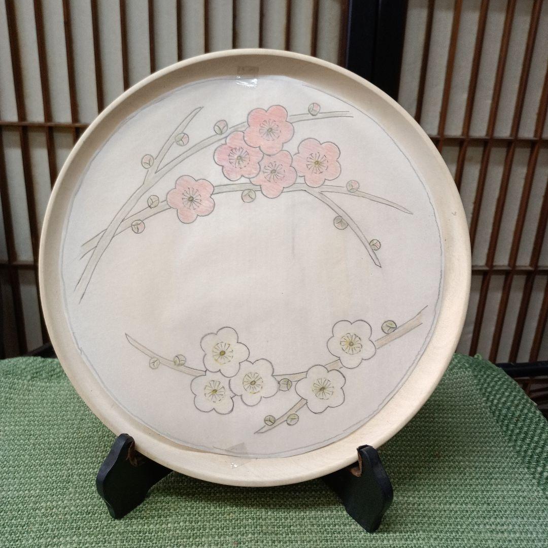 日光彫り8寸丸盆　紅梅白梅図　まるり様ご注文品です+ティッシュボックス　２点