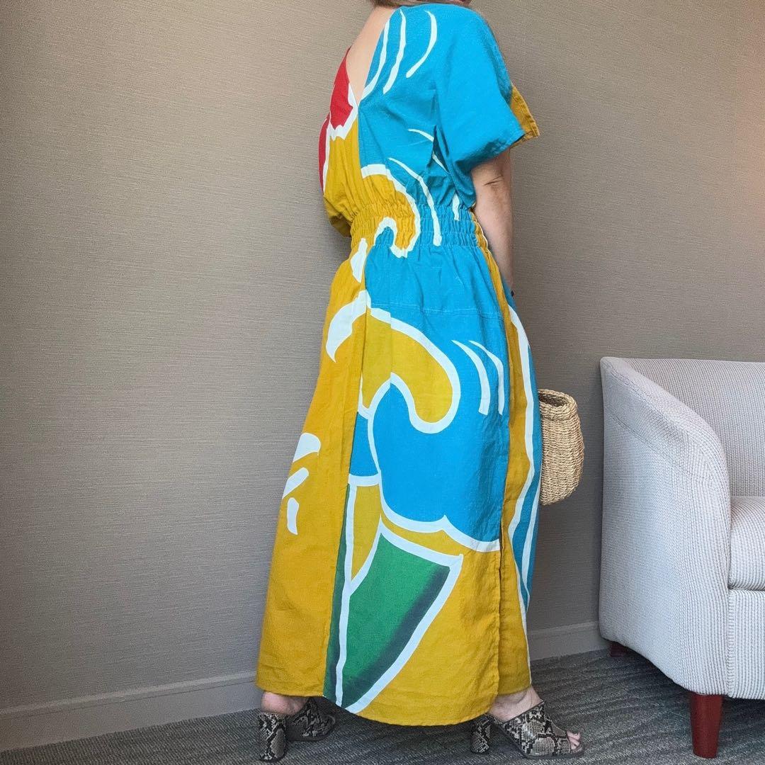 リメイク　本染　ワンピース ロング　派手　個性的　大漁旗　古旗Ｂ