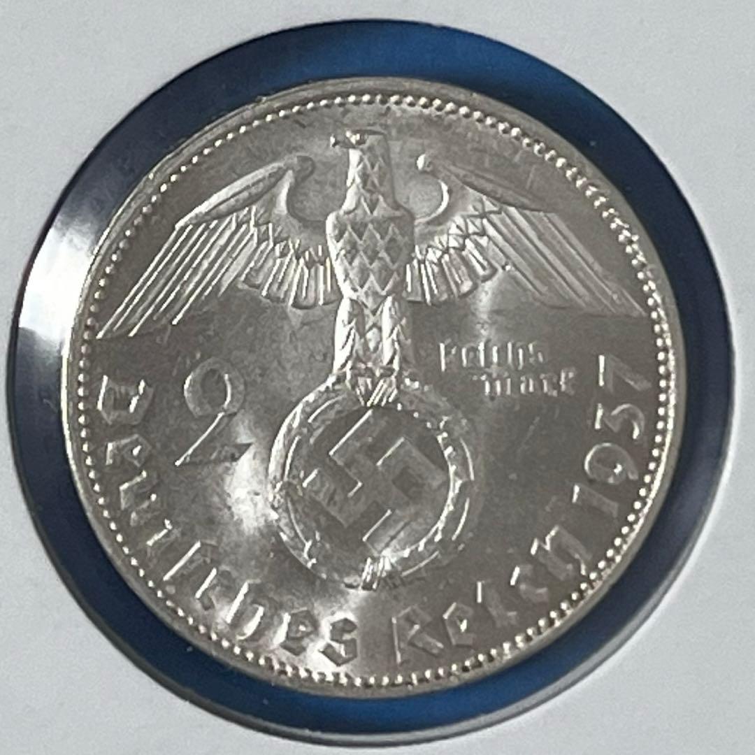ナチスドイツ　2マルク銀貨　ハーケンクロイツ　1937年　未使用　ドイツ　銀貨