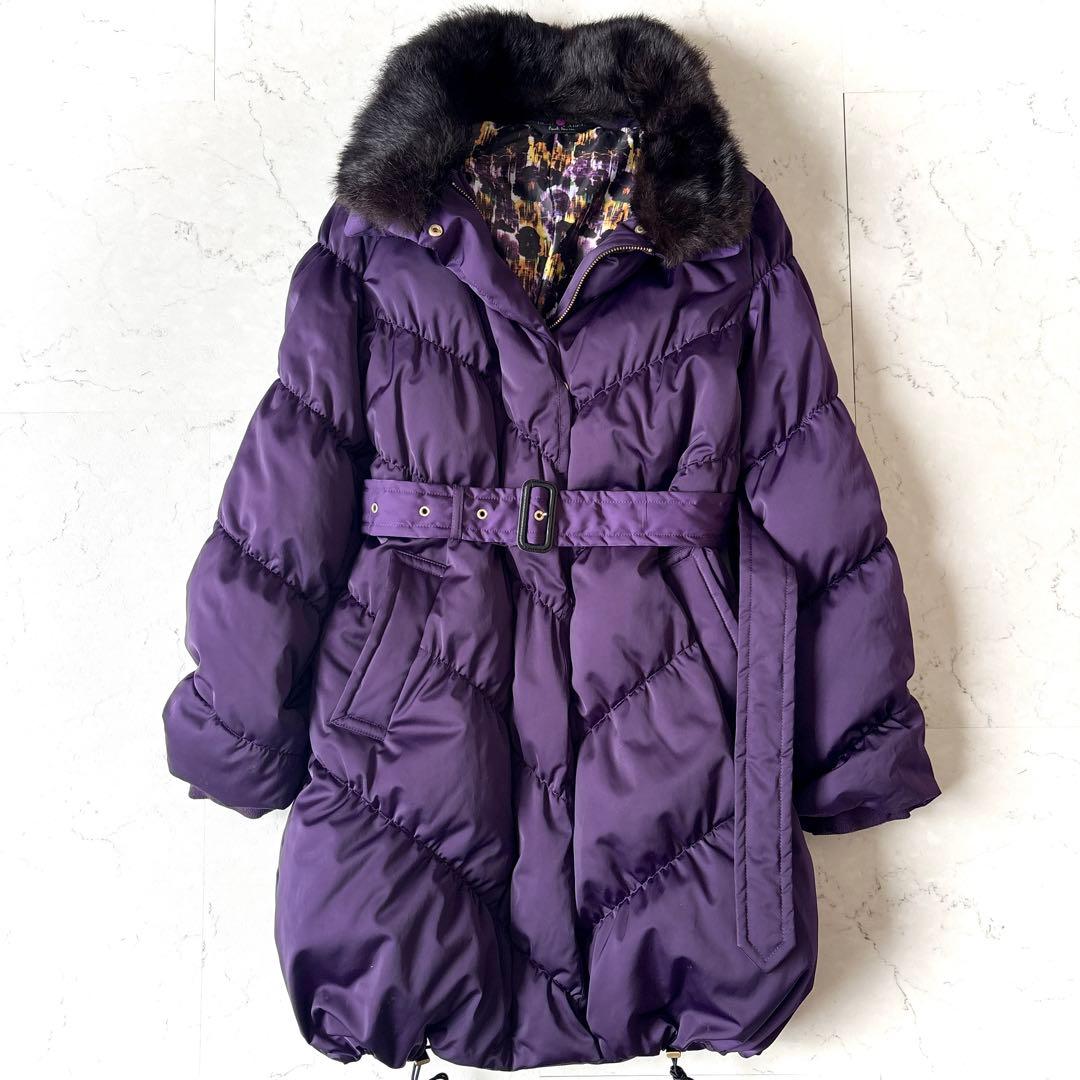 美品 ポールスミス ブラック 40→Lラビットファー ベルト付 ダウンコート 紫