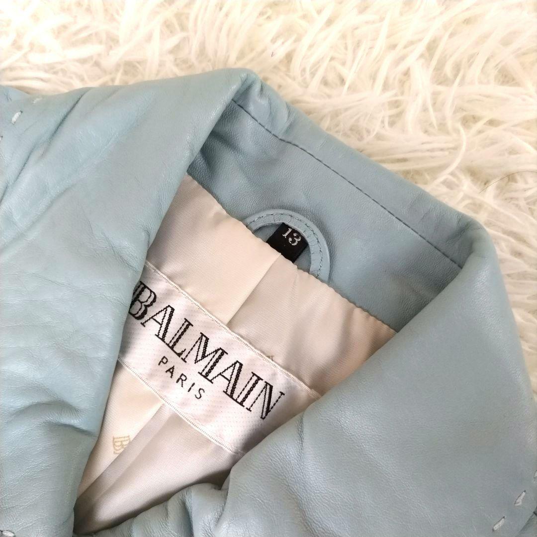 新品タグ付き　BALMAIN　バルマン　ラムレザー　ジャケット　水色