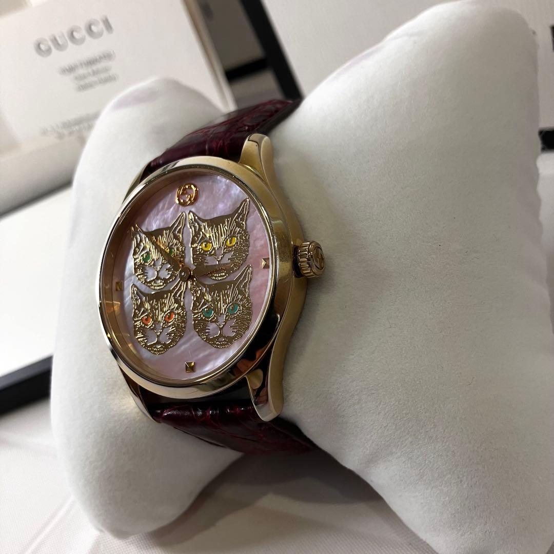 グッチ Gタイムレス 4キャットヘッド イエローゴールドPVD ピンク
