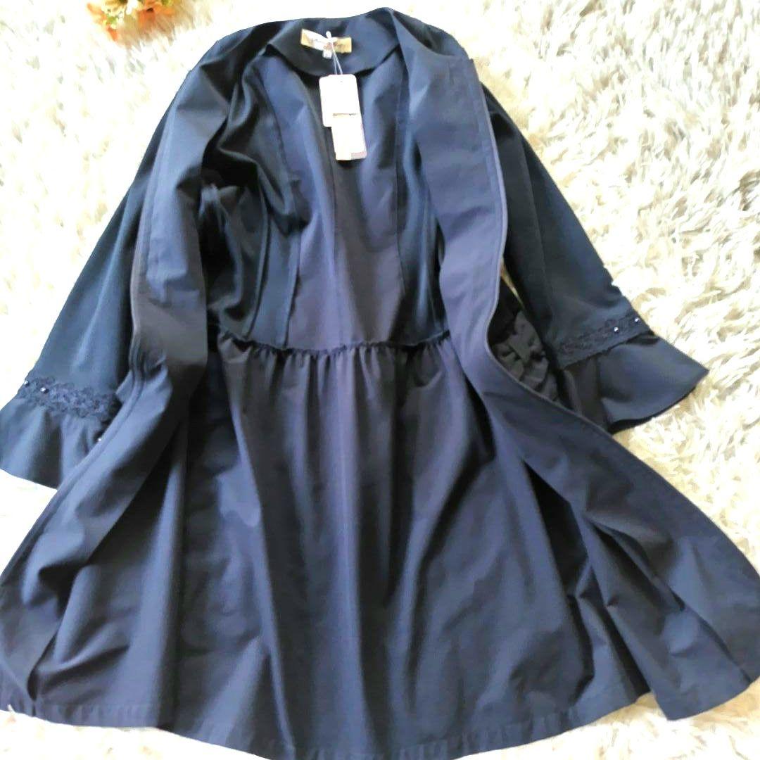 【新品】Super Beauty 紺色ワンピースコート　 レースリボン 40 Ｌ