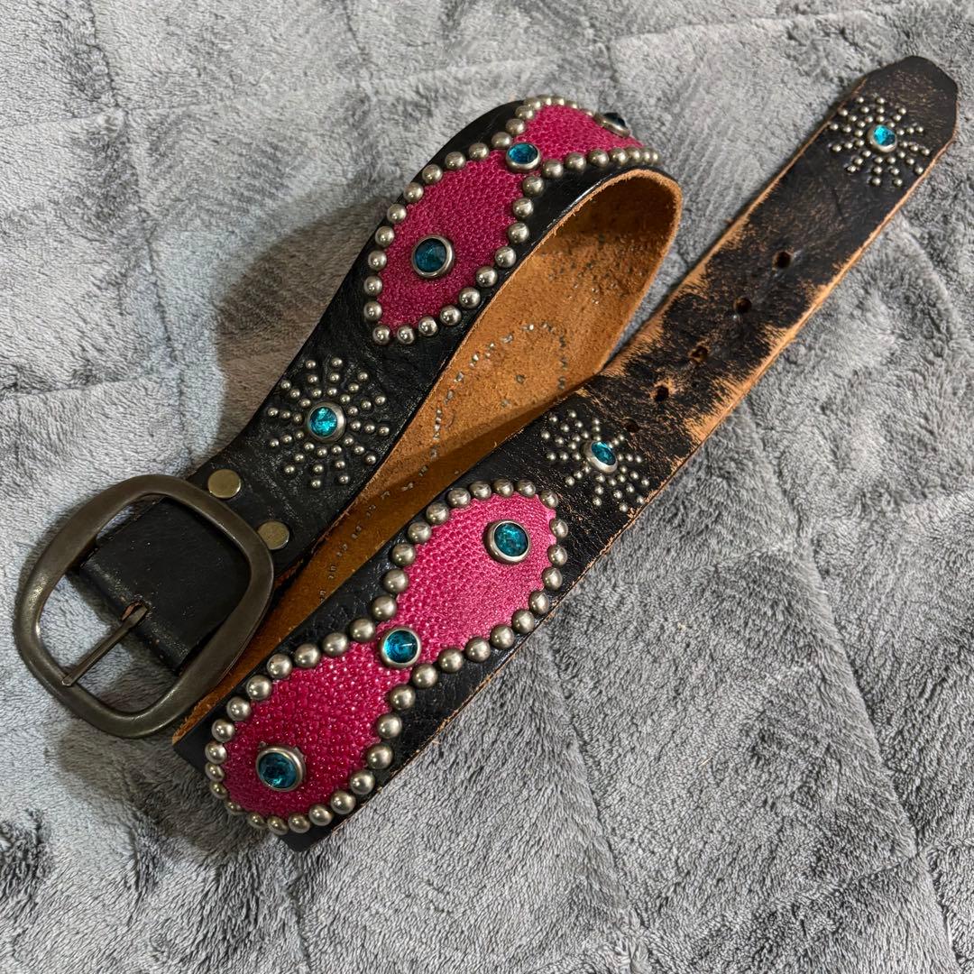 Y2K ローズボール購入　黒✖️スティングレイ　レザースタッズベルト　HTC