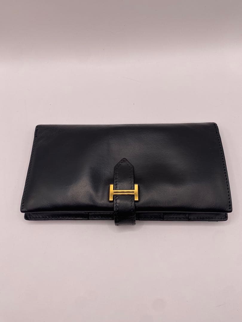 HERMESエルメスベアンクラシックボックスカーフ2つ折り長財布E刻印ブラック系