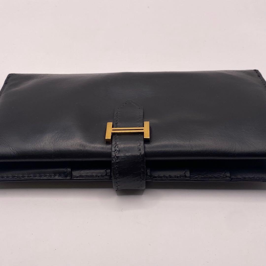 HERMESエルメスベアンクラシックボックスカーフ2つ折り長財布E刻印ブラック系
