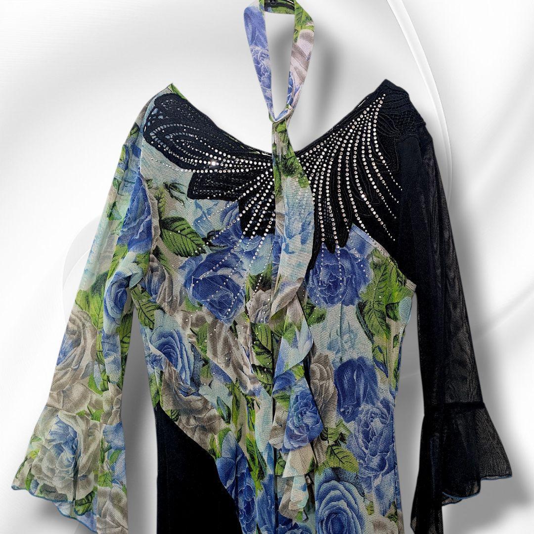 【美品】社交ダンス 衣装 ドレス 青薔薇柄 ブルー ラインストーン 黒
