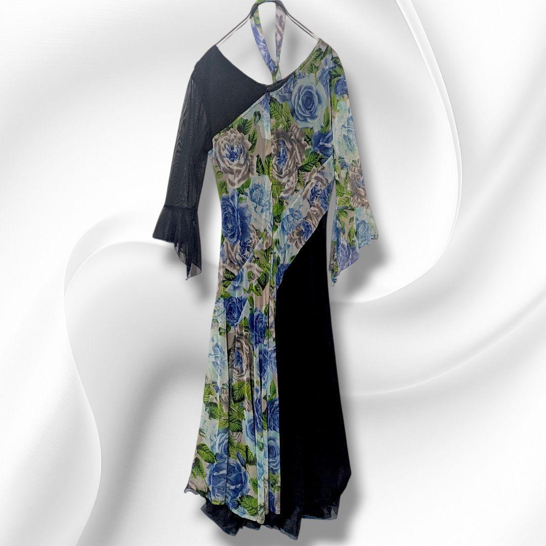 【美品】社交ダンス 衣装 ドレス 青薔薇柄 ブルー ラインストーン 黒