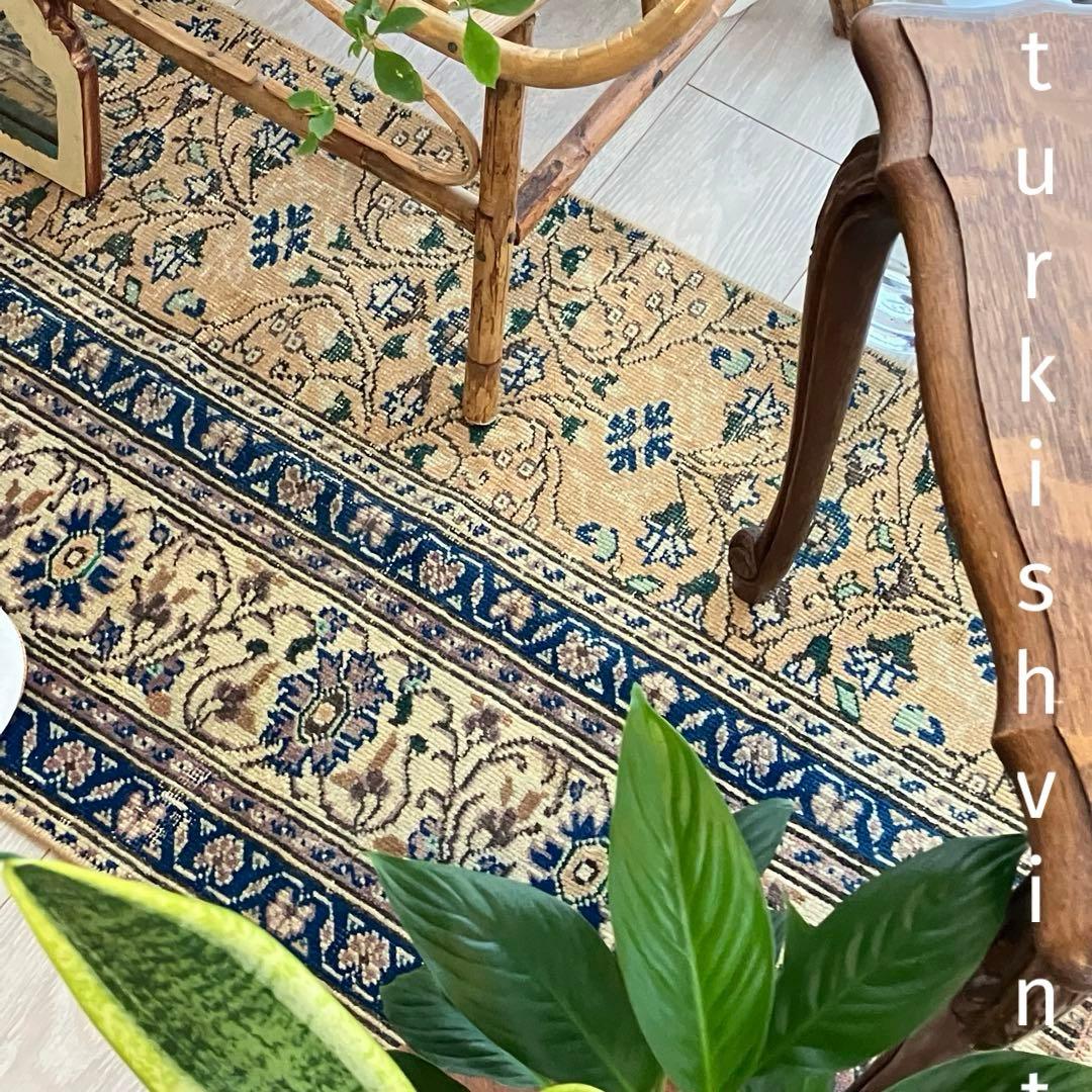 密織　繊細　デニムネイビー　淡いイエロークリームベージュ　トルコヴィンテージラグ