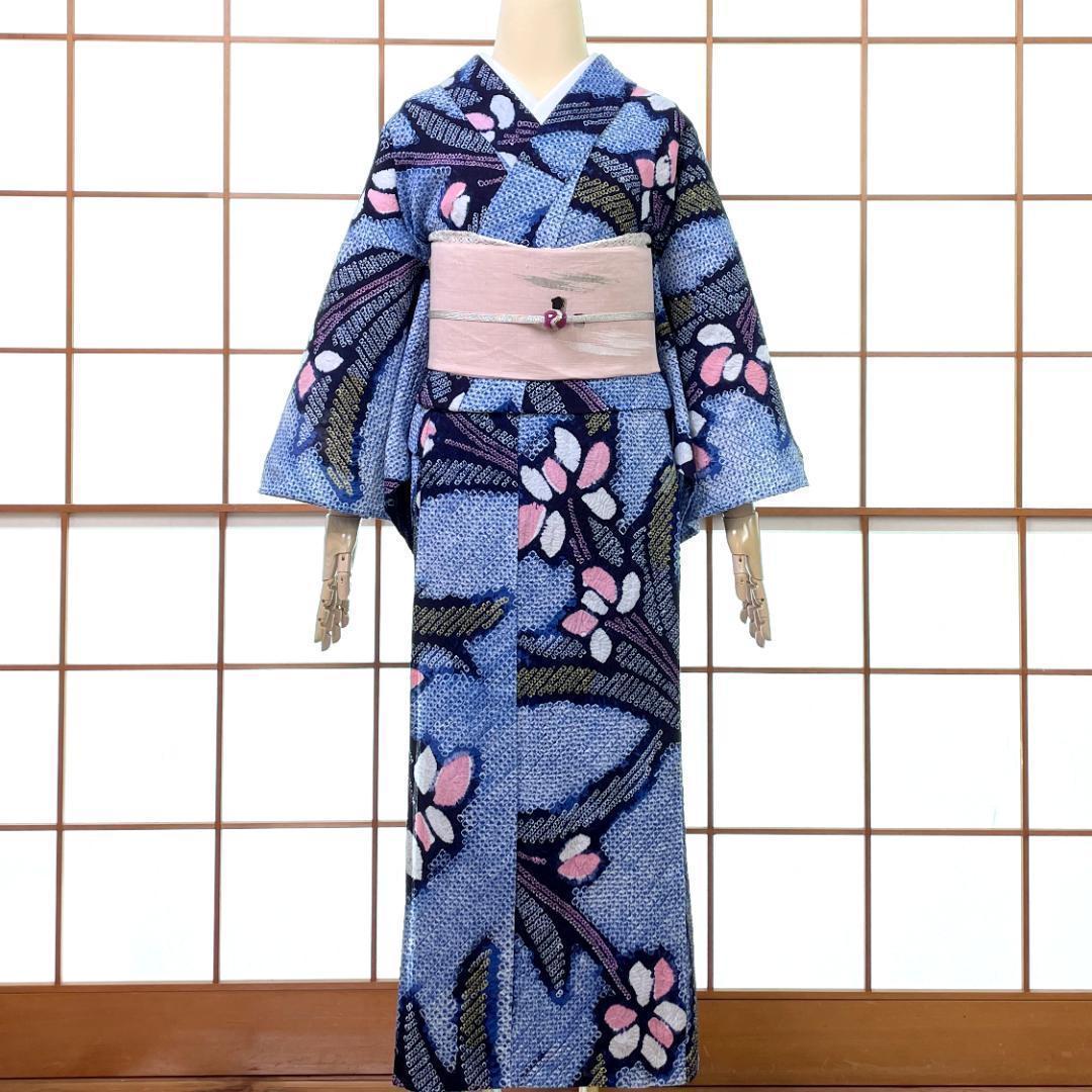 有松鳴海絞り 夏着物 浴衣 綿 菖蒲 水色 手縫い ビンテージ A-2390