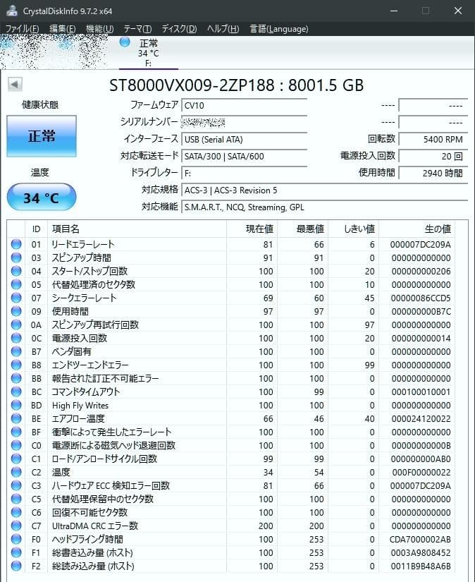 バッファロー 8TB USB3 HD-SGDA8U3-B 使用2940時間