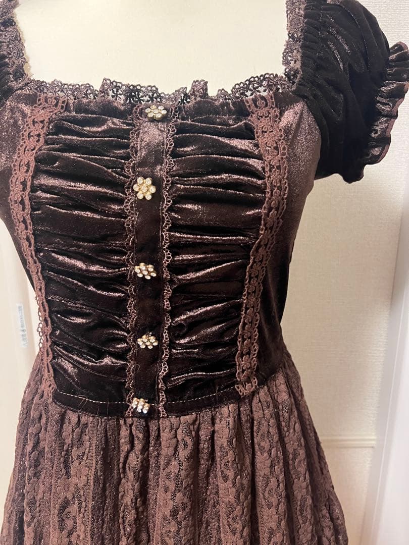 LIZLISA 希少 00sブラウン ベロア フリル レース ワンピース 半袖