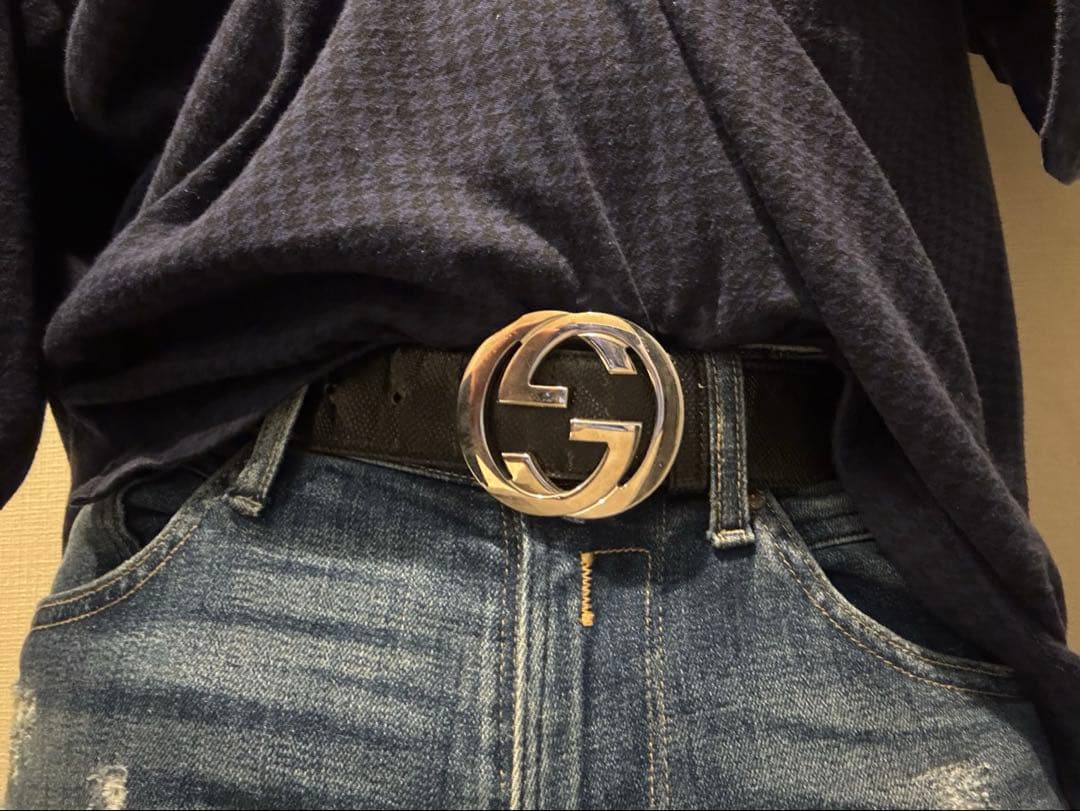 GUCCI ブラック レザー ベルト ダブルG