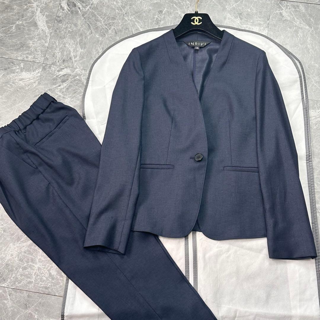 美品♡現行 インディヴィ パンツスーツ セットアップ ノーカラー ネイビー