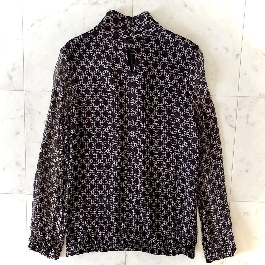 美品 ダーマコレクション シルク100％ チェーン柄 ボウタイ付きブラウス M