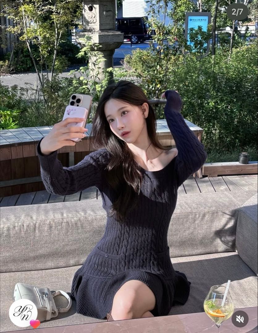 yilon イロン ワンショルダーケーブルニットワンピ ネイビー