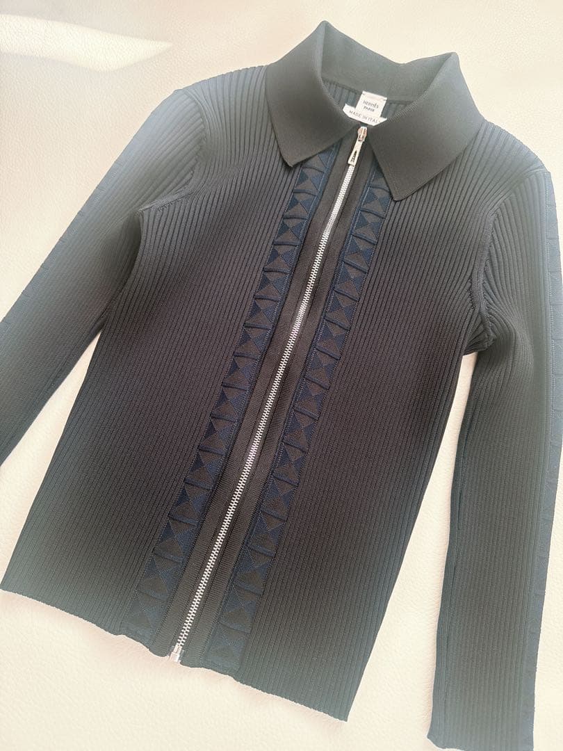 エルメス36ネイビー　ジップアップカーディガン