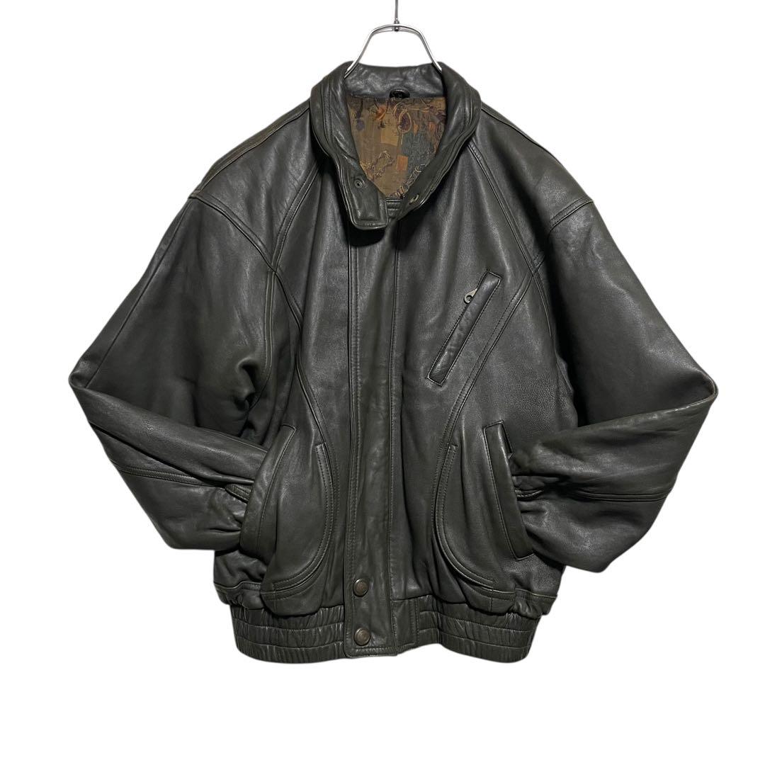 【vintage】羊革 本革 ラムレザーシングルライダースジャケット カーキ M