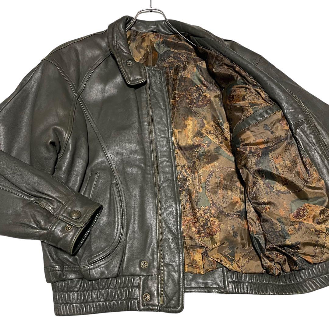【vintage】羊革 本革 ラムレザーシングルライダースジャケット カーキ M