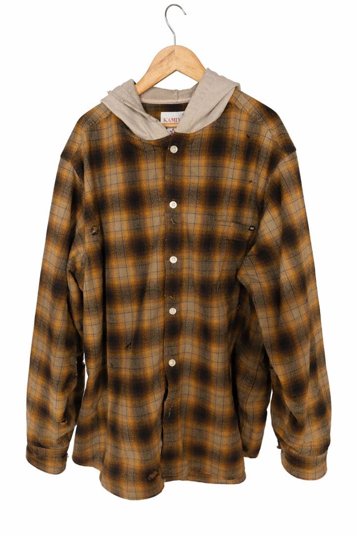 KAMIYA　DISTRESSED HOODED CHEAKED SHIRT