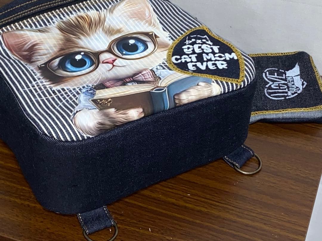 ハンドメイド☆岡山デニム♪ステンシル♪トラ猫☆リュック対応☆ミニボストンバッグ