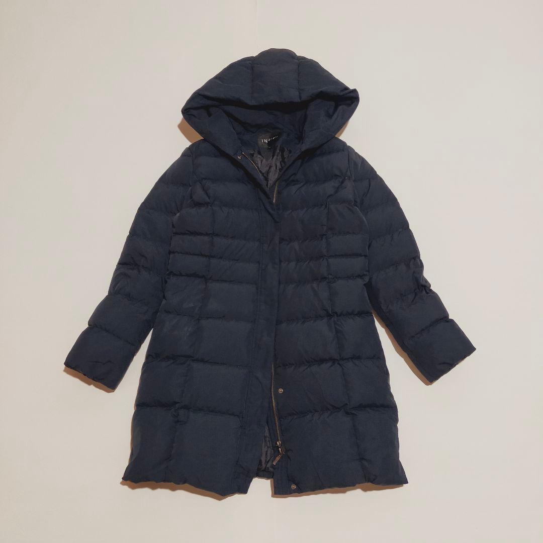 美品✨インディヴィ タフタ フーデット ダウンコート ロング ネイビー 40