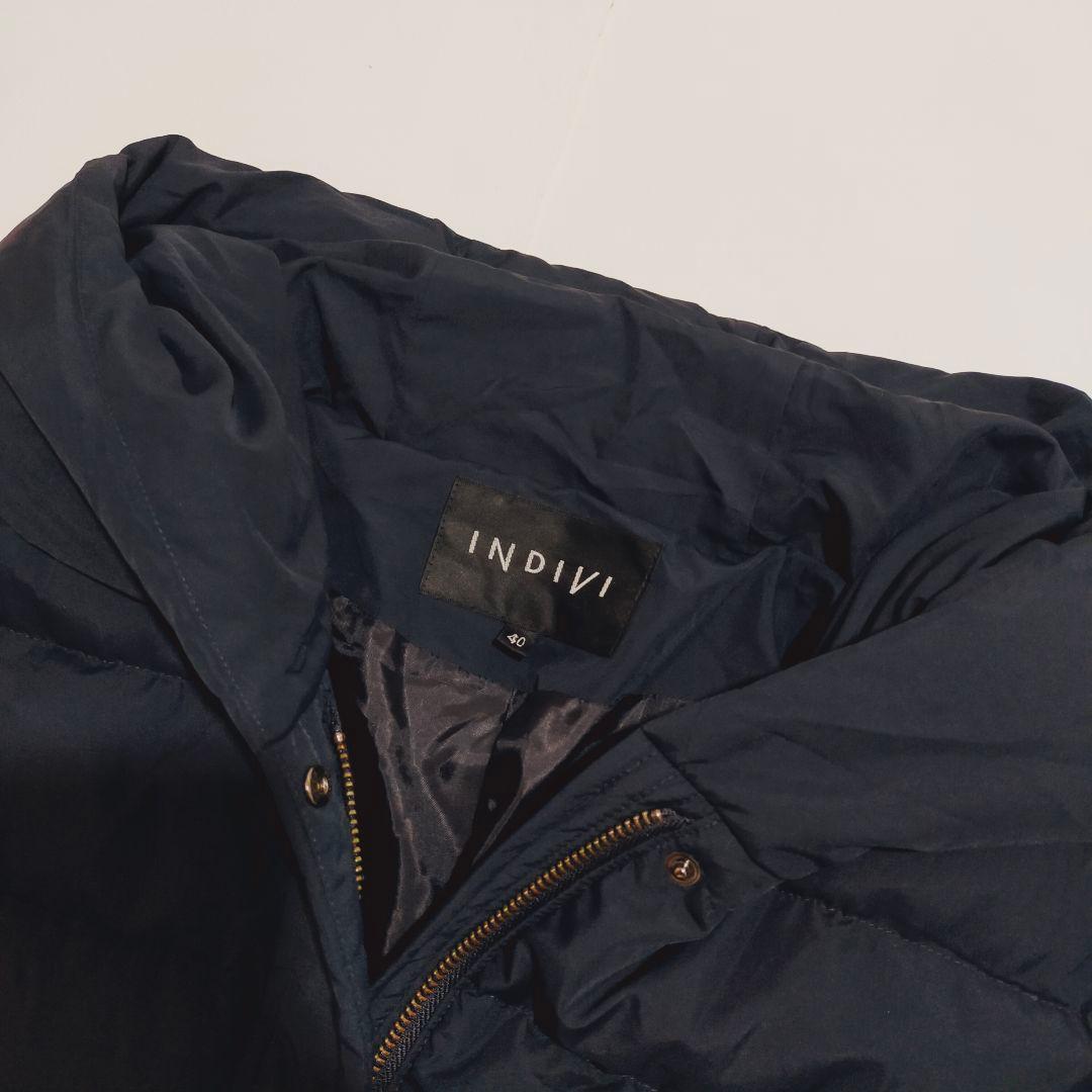 美品✨インディヴィ タフタ フーデット ダウンコート ロング ネイビー 40