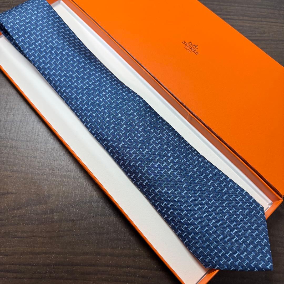 極美品 HERMES H柄 アンカーチェーン ロゴ ネクタイ ネイビー エルメス