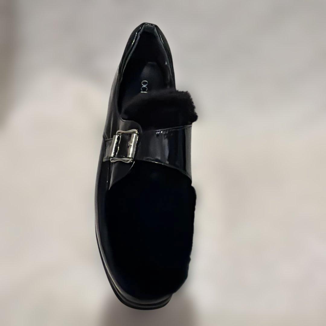 ヒルズアベニューOCEANICA ブラック エナメル ファー シューズ　厚底　黒