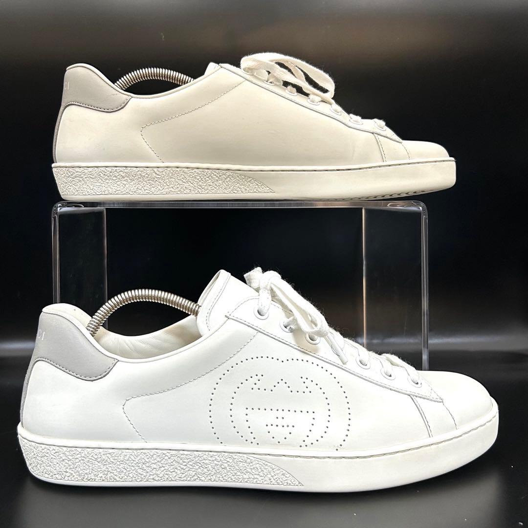 【美品】グッチ ローカットスニーカー インター パンチング メンズ レザー 白