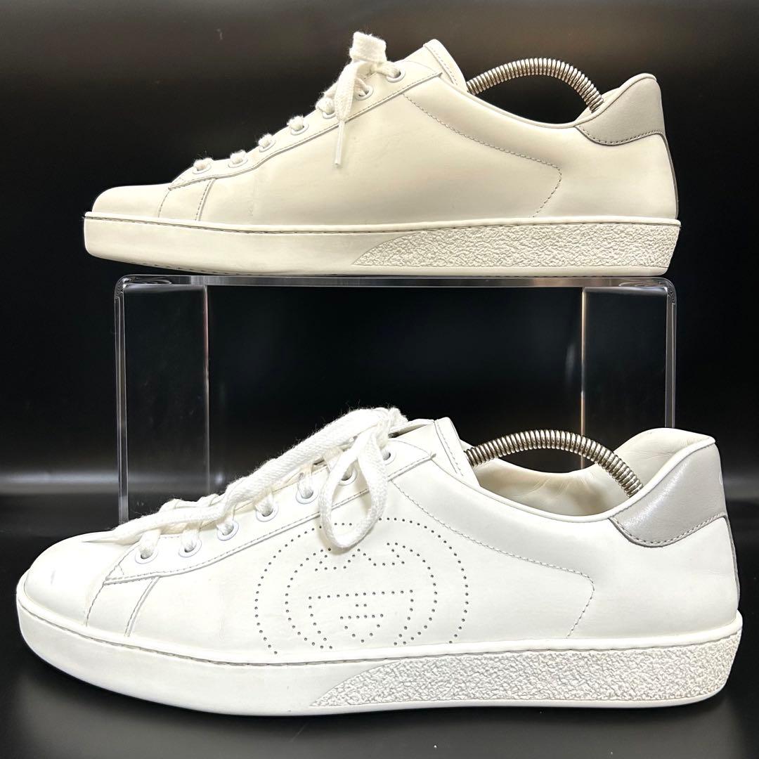 【美品】グッチ ローカットスニーカー インター パンチング メンズ レザー 白
