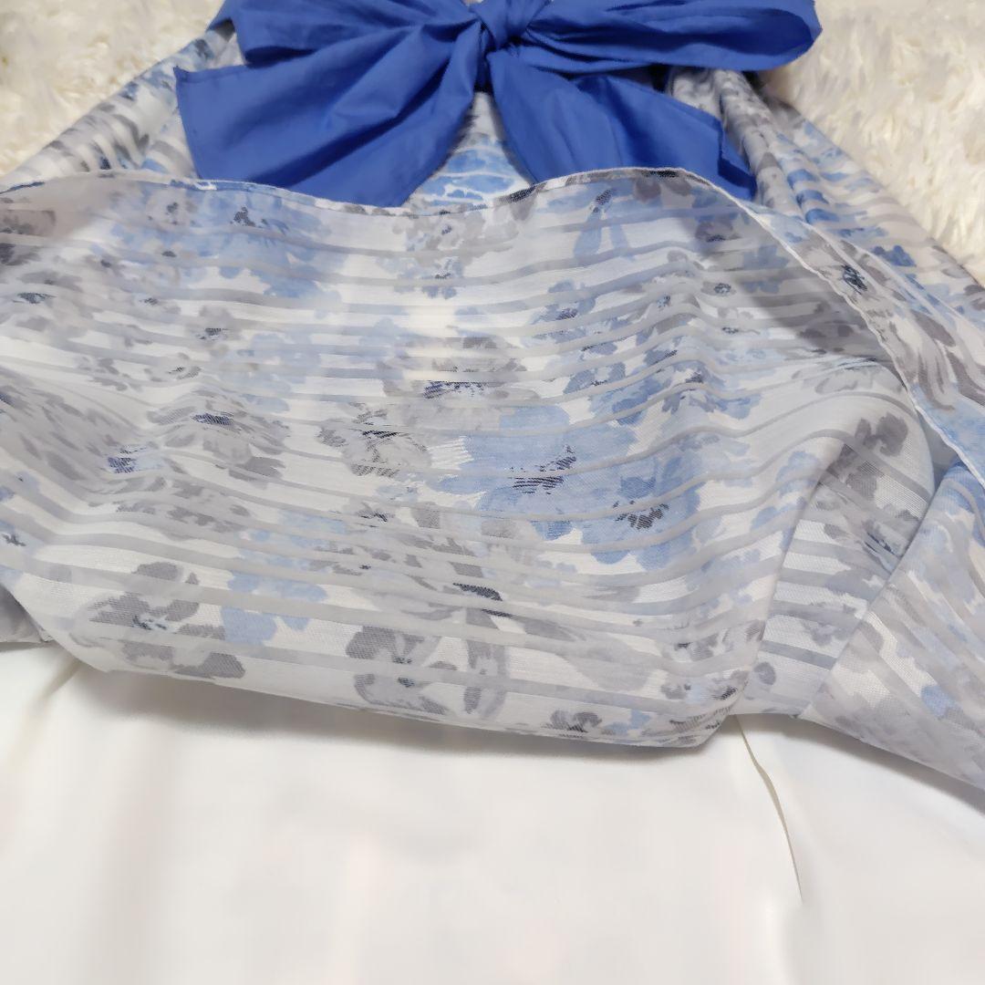 【美品♡人気デザイン】エムズグレイシー　シアーフラワーリボンフレアワンピース　青