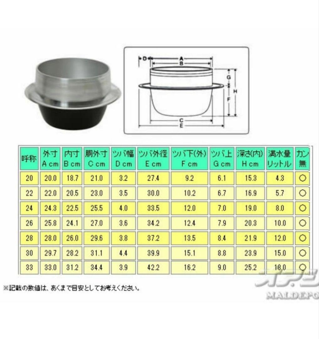 【未使用品】羽釜26cm(2.3升) 　お釜　蓋付き アルミ製　カン付　説明書付