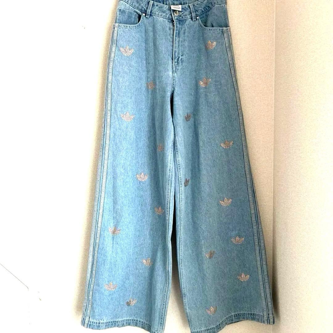 adidas ラインストーン⭐️Lサイズ ❣️ デザイン フレアデニムパンツ