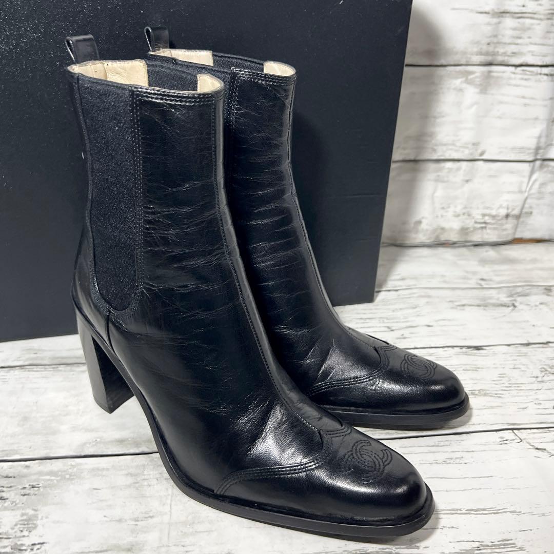 箱付きCHANELシャネル サイドゴアショートブーツ36ココマーク黒ブラック23