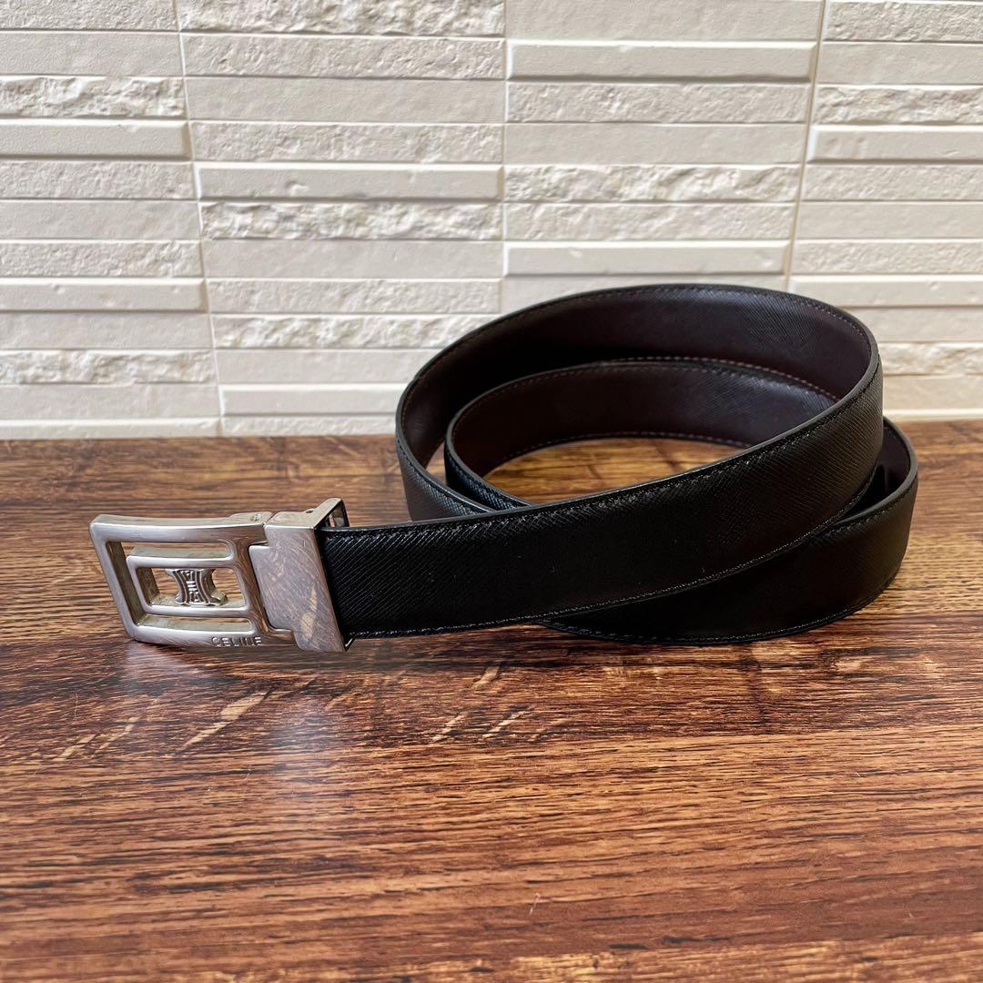 美品 セリーヌ レザー トリオンフ ロゴ シルバー金具 バックル ベルト 黒