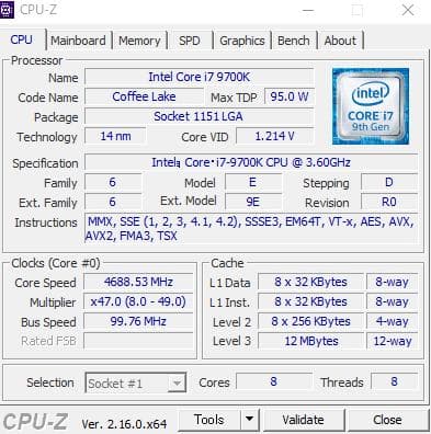 動作確認済みCore i7-9700K 第9世代 8コア8スレッドCPU